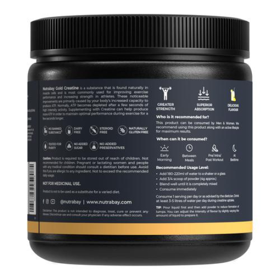 Nutrabay Gold Micronised Creatine Monohydrate Powder - 250g, Lemon | NABL Lab Tested | 3g Creatine / Serving | Increases Muscle Mass, Strength & Power | Pre & Post Workout Supplement | For Men & Women