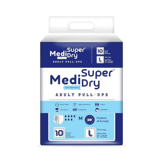 MediSuperDry Adult Pull-Up Diaper Pants Large Size (L),High Absorbency,Leak Proof,Elastic Waist Size (101-152 Cm|40-60 Inches),10 Pieces,Pack Of 1, Unisex