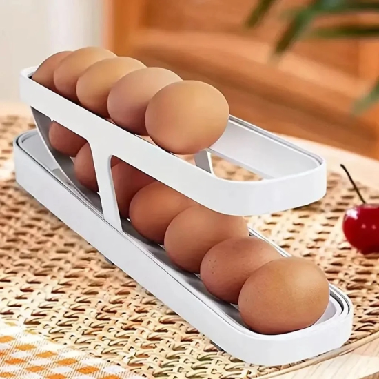 Polypropylene 2-Tier Rolling Egg Dispenser For 12-14 Eggs, Space-Saving And Durable Storage Solution With Gravity-Fed Design, Ideal For Fridge And Pantry (White), Rectangular