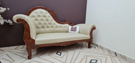 Lush Teak Wood Handcrafted Deewan Chaise Lounge-Brown