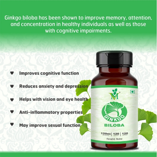 Mint Veda Ginkgo Biloba 120mg for Better Concentration, Memory & learning | Helps Anxiety & Stress | Healthy Blood Circulation - 120 Veg Capsules Pack of 3