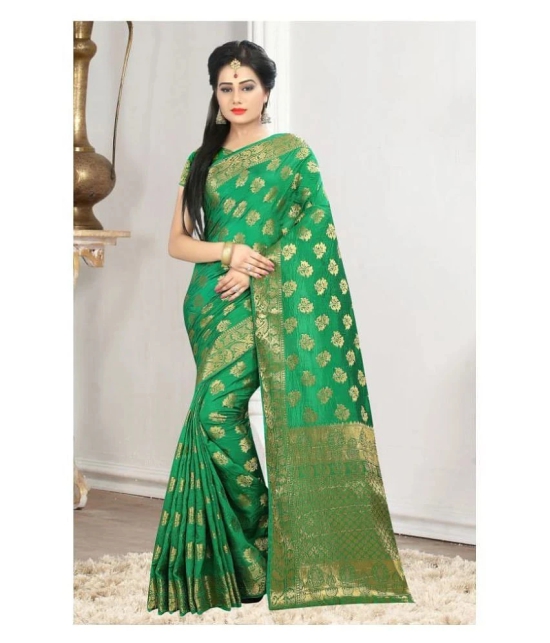 Gazal Fashions - Green Banarasi Silk Saree With Blouse Piece (Pack of 1)