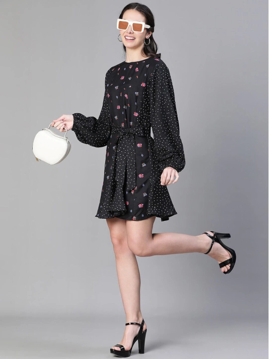 Oxolloxo Floral Printed Puff Sleeves Tie Up Detail Fit & Flare Dress