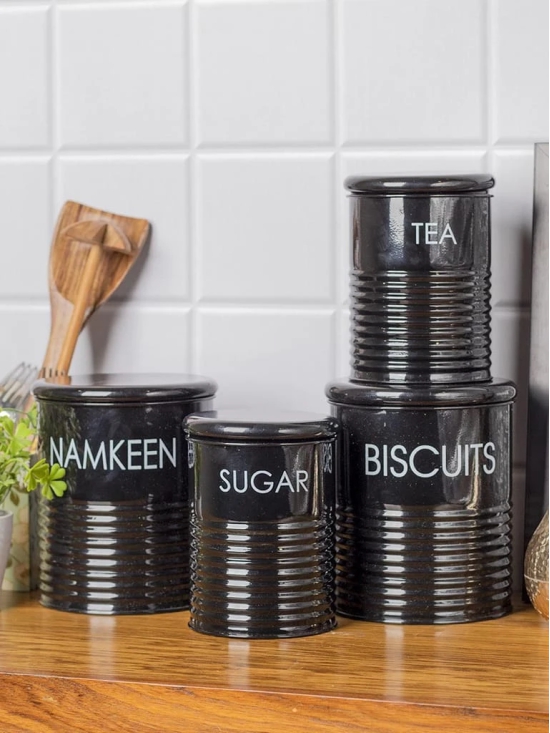 Tea & Sugar Jar (Each 900 Ml) +  Biscuits & Namkeen Jar (Each 1700 Ml) - Black, Set Of 4