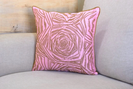 Decorative Rose Pattern Golden Beads Hand Embroidered Luxurious Cushion Cover Size 16x16