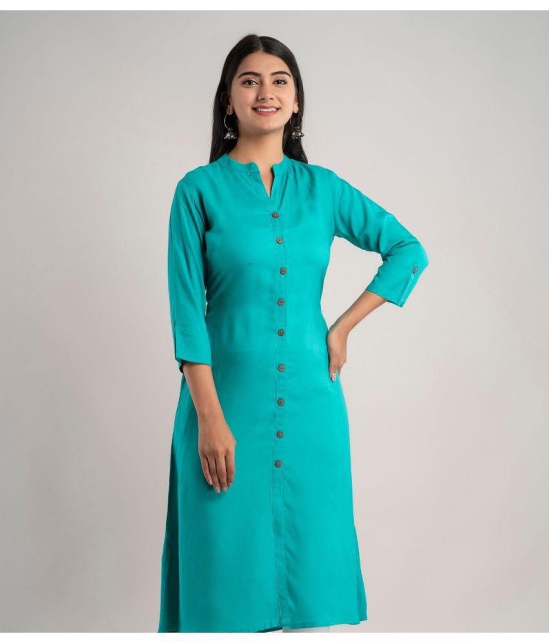 MAUKA - Turquoise Rayon Women''s Front Slit Kurti ( Pack of 1 ) - None