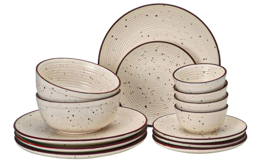 Handcrafted Stoneware Reactive Glaze Ceramic Dinner Set, 14 Pieces Serving for 4, Microwave and Dishwasher Safe, Bone-ash Free, Crockery Set for Dining and Gifting, Beige