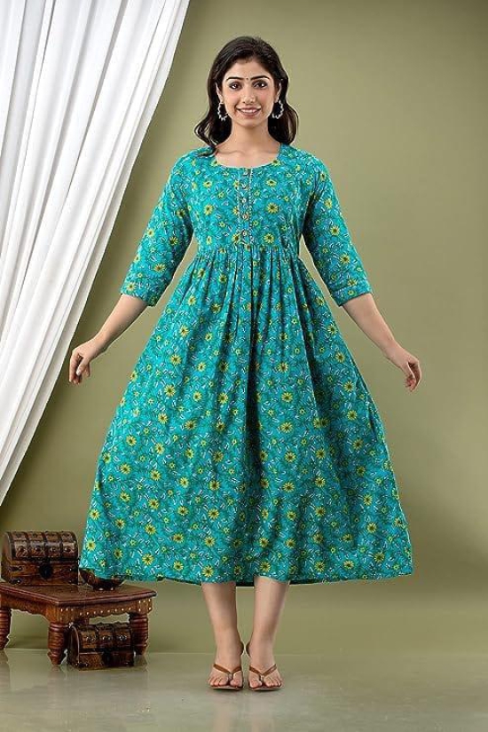 KASHVI Creation Women's Cotton Floral Printed Anarkali Maternity Feeding Kurti-Sky Blue