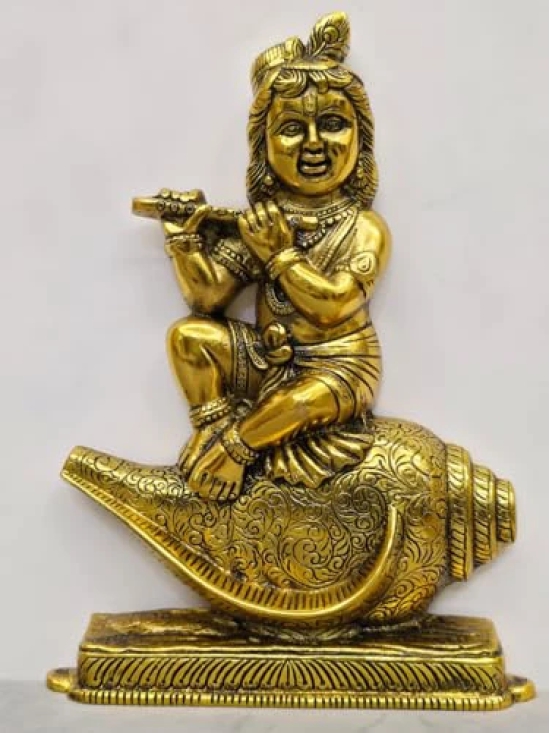 Aarna Creations Hand Carved Metal Krishna on Shankh| Beautiful Krishna Idol | Antique Golden Krishna Idol | Krishna |Krishna with Shankh Large