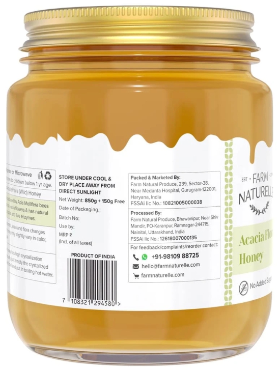 Farm Naturelle Acacia Flora Wild Honey 850gm + 150g Extra |100% Pure Honey | Raw & Unfiltered|Unprocessed|Lab Tested Honey In Glass Jar with Engraved Virgin Wooden Spoon