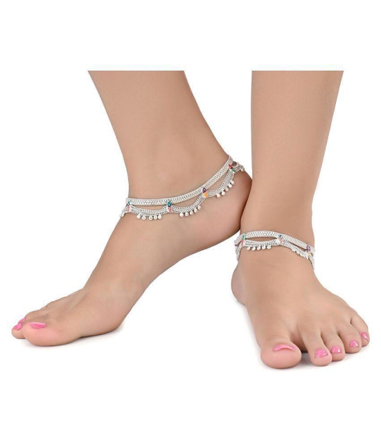 AanyaCentric Combo of 2 Pair Silver Plated White Metal Indian Traditional Ethnic Payal Anklets - Silver