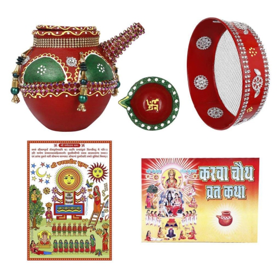 KSI Karwachauth Puja Thali Set of 5 Shringaar Items Karwa Chalni Diya Book Photo Handmade and Decorated Karwa chauth thali puja Set Fancy