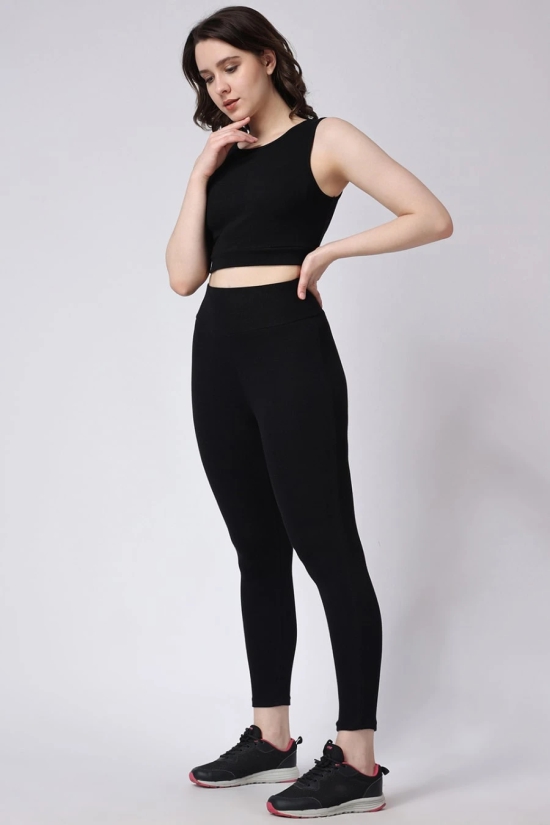 Womens Black Gym Co-Ord Set Leggings & Sleeveless Crop Top-L / Black