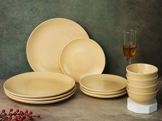 Handcrafted Stoneware Reactive Glaze Ceramic Dinner Set, 12 Pieces Serving for 4, Microwave and Dishwasher Safe, Bone-ash Free, Crockery Set for Dining and Gifting, Yellow Ten