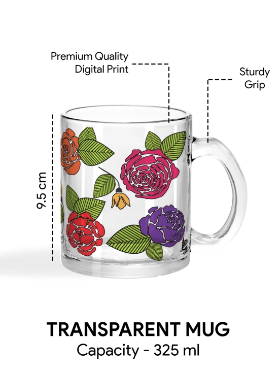 Indigifts Transparent Mug for Coffee Leafy Love Printed Transperant Glass tea mug| Crystal Clear Glass Coffee Mug Set| Crystal Clear Glass Tea Mug Set|Printed Glass Cup for Tea|Glass for Coffee 325 ml