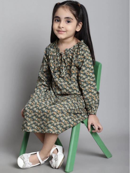 MINI & MING Girls Floral Print Tie-Up Neck Gathered  A-Line Dress