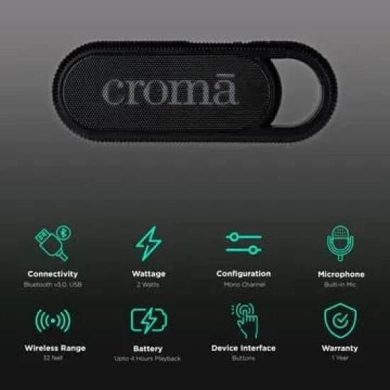 Croma 2W Portable Bluetooth Speaker (With Hook, Mono Channel, Black)