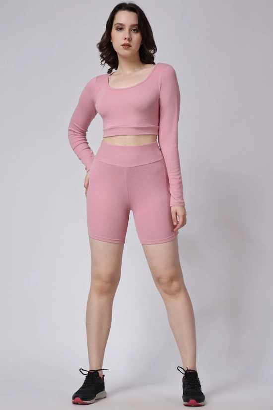 Womens Pink Gym Co-Ord Set Shorts & Full Sleeves Crop Top-M / Pink