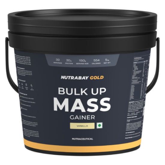 Nutrabay Gold Bulk Up Mass Gainer Powder - 5kg, Vanilla | 30g Protein, 104g Carbs, 554 Calories | Easy to Digest | 100% Veg Muscle Building & Weight Gainer Supplement for Men & Women