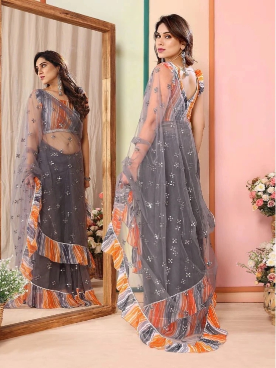 Gazal Fashions Net Embroidered Saree With Blouse Piece - Grey ( Pack of 1 ) - Grey