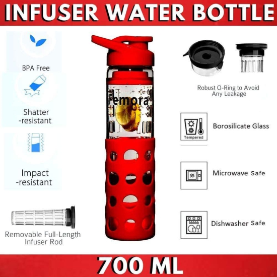 Femora Borosilicate Glass Red Water Bottle with Fruit Infuser -700ML