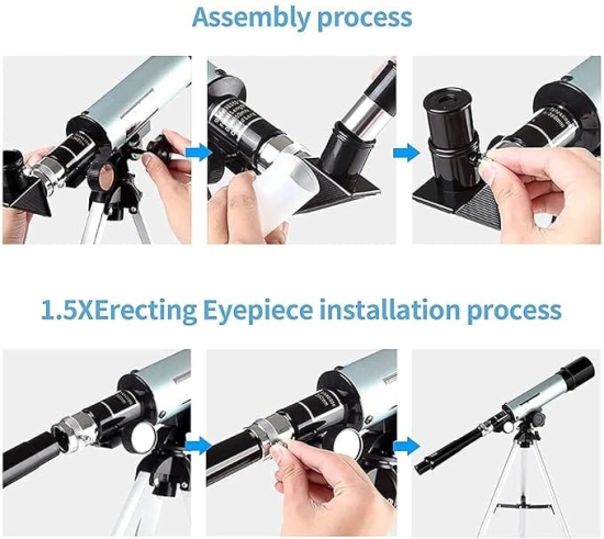 BASE 50 Telescope, 20x to 60x Zoom, 50mm Aperture, 3x Barlow Lens, 2 Eyepieces, Smartphone Adapter, Moon Filter, Compass, Aluminum Tripod