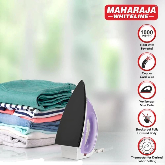 Maharaja Whiteline Sleek DLX 1000 Watt Dry Iron | Purple & White