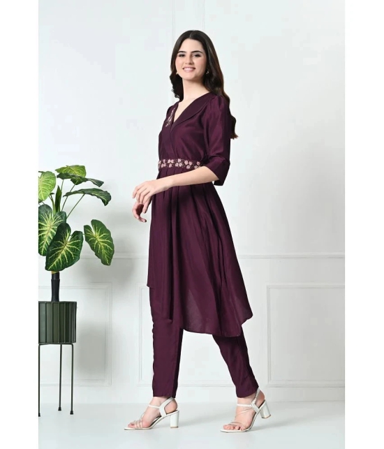 Desinoor.com Wine Embroidered Pant Top Set - None