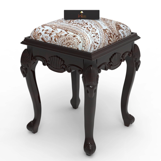 Elegant Hand Carved Teak Wood Stool in Premium Fabric-Honey