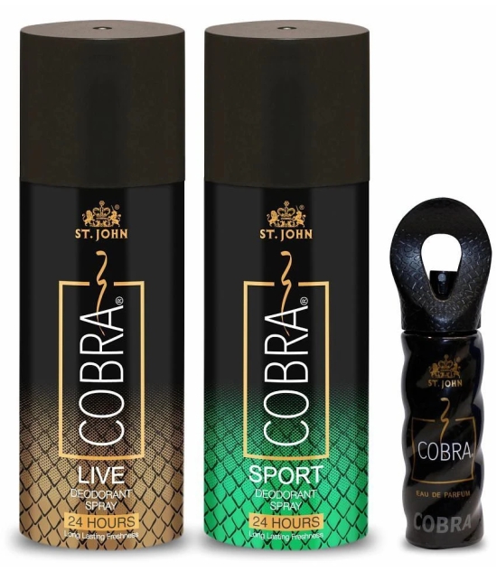 ST.JOHN Cobra Live, Cool 150ml Each & Cobra 15ml Deodorant Spray & Perfume for Men (315ml) Pack of 3