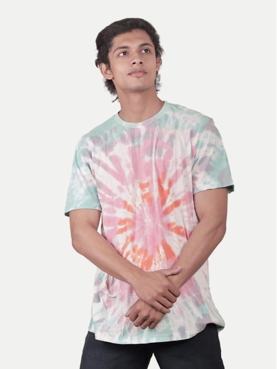 Men Pink Tie and Dye Cotton Crew Neck T-Shirt