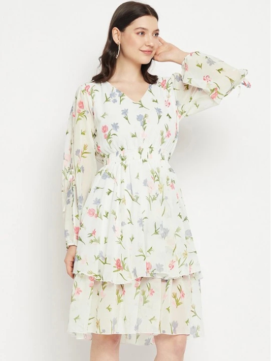 Floral Printed Puff Sleeves Fringed Layered Fit & Flare Dress