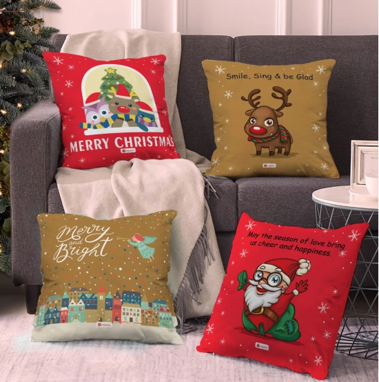 Indigifts Christmas Cushion Covers Holiday Fun With Cute Christmas Characters Multi Set of 4 Cushion Cover 18x18 inches - Christmas Cushion, Christmas Decorations for House, Xmas Decorations