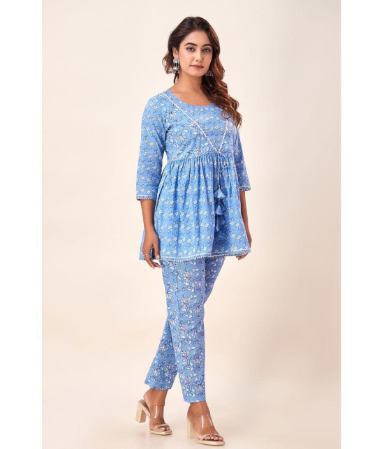 FabbibaPrints Cotton Printed Kurti With Pants Women's Stitched Salwar Suit - Blue ( Pack of 1 ) - None