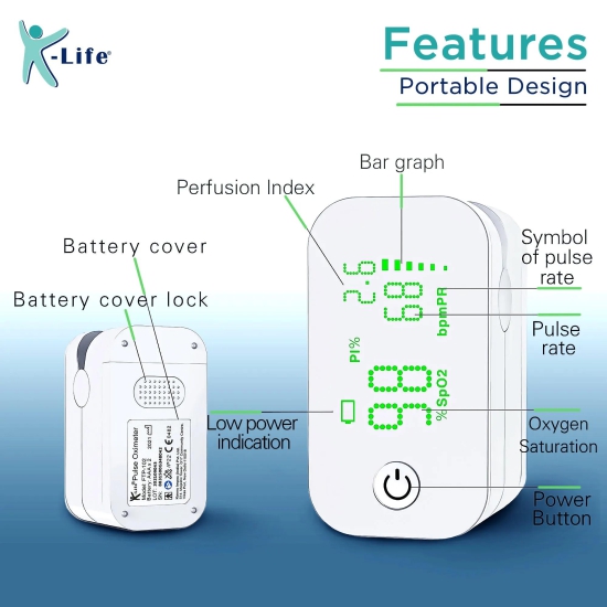 K-Life FTP-102 Finger Tip Pulse Oximeter with free storage pouch