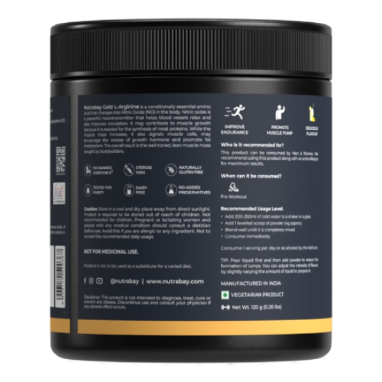 Nutrabay Gold L-Arginine Supplement Powder - 120g, Lemon Flavor | Pre Workout Amino Acid for Endurance, Muscle Building & Faster Recovery