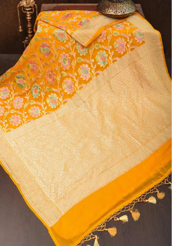 Mustard Gorgeous Hand Brush Dye Banarasi Georgette saree with Meenakari Floral Jaal  | SILK MARK CERTIFIED