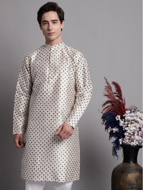 Men's Grey Printed Silk Blend Kurta-XXL / White