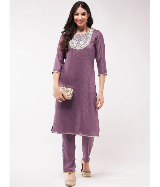 Pannkh - Purple Art Silk Womens Straight Kurti ( Pack of 1 ) - None