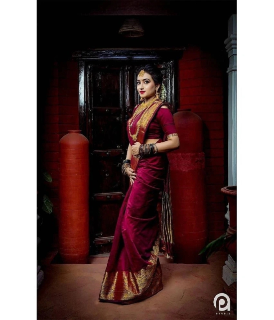 Apnisha Banarasi Silk Embellished Saree With Blouse Piece - Maroon ( Pack of 1 ) - Maroon