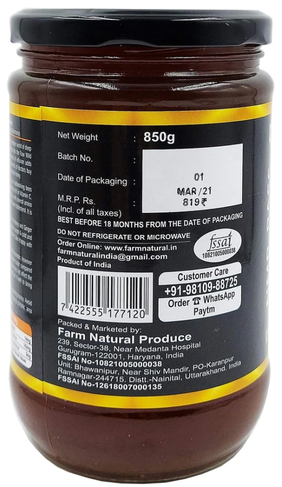 Farm Naturelle - Raw, 100% Natural NMR Tested, Pass, Certified Ginger Infused In Wild (Forest) Flower Honey(850Gram) Glass Bottle.