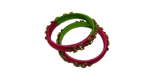 Pink and Green Silk Thread Bangle Set with Stone Detailing