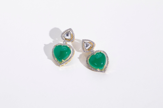 Trendy Heart Shaped Emerald and Swarovski Earrings