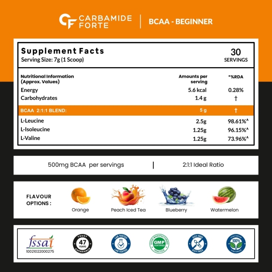 Carbamide Forte BCAA Powder - BCAA with 2:1:1 Ratio for Muscle Growth & Muscle Recovery - For Gym Goers - 210g-Orange