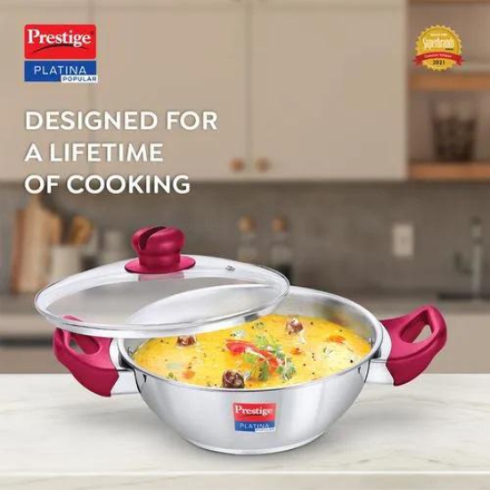 Prestige Platina Popular Stainless Steel Unique Impact Forged Bottom Kadai with Toughened Glass Lid, 20 Cm (1.5 L) (Silver)