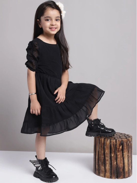 MINI & MING Girls Puff Sleeve Georgette Fit & Flare Dress