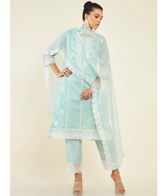 MEHZEEL FAB Organza Embroidered Kurti With Pants Womens Stitched Salwar Suit - Light Blue ( Pack of 1 ) - None