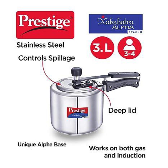 Prestige Nakshatra Alpha Svachh Stainless Steel Spillage Control Pressure Cooker 3 L (Silver)