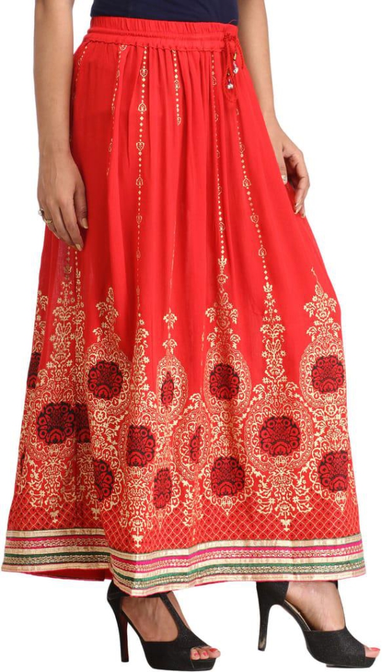 Lollipop-Red Embellished Long Skirt with Golden Print and Embroidered Patch Border