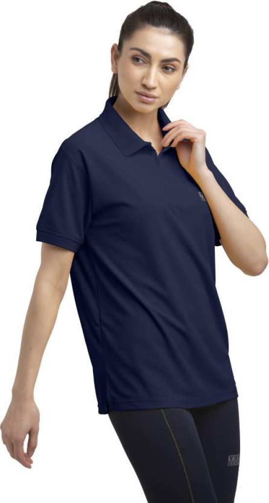 Women Solid Zip Neck Polyester Dark Blue T-Shirt